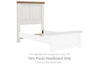 White twin panel headboard with brown top rail and side posts