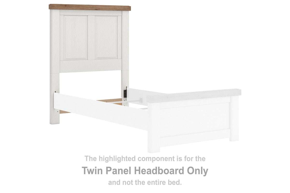White twin panel headboard with brown top rail and side posts