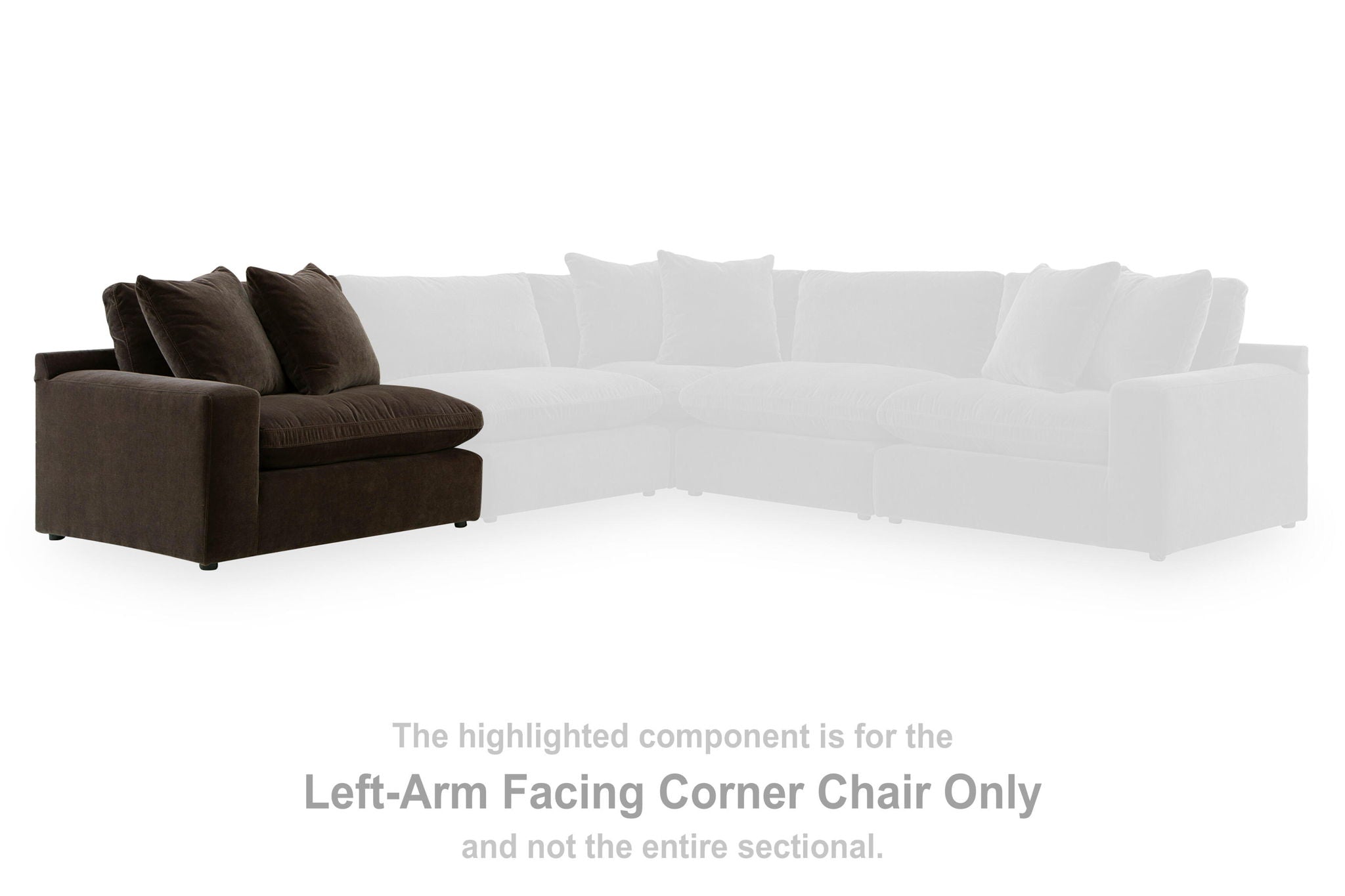LAF corner chair section with left arm, upholstered in dark brown fabric