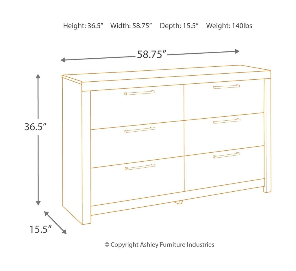 Gray wood dresser front view with six drawers, height and width shown