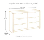 Gray wood dresser front view with six drawers, height and width shown