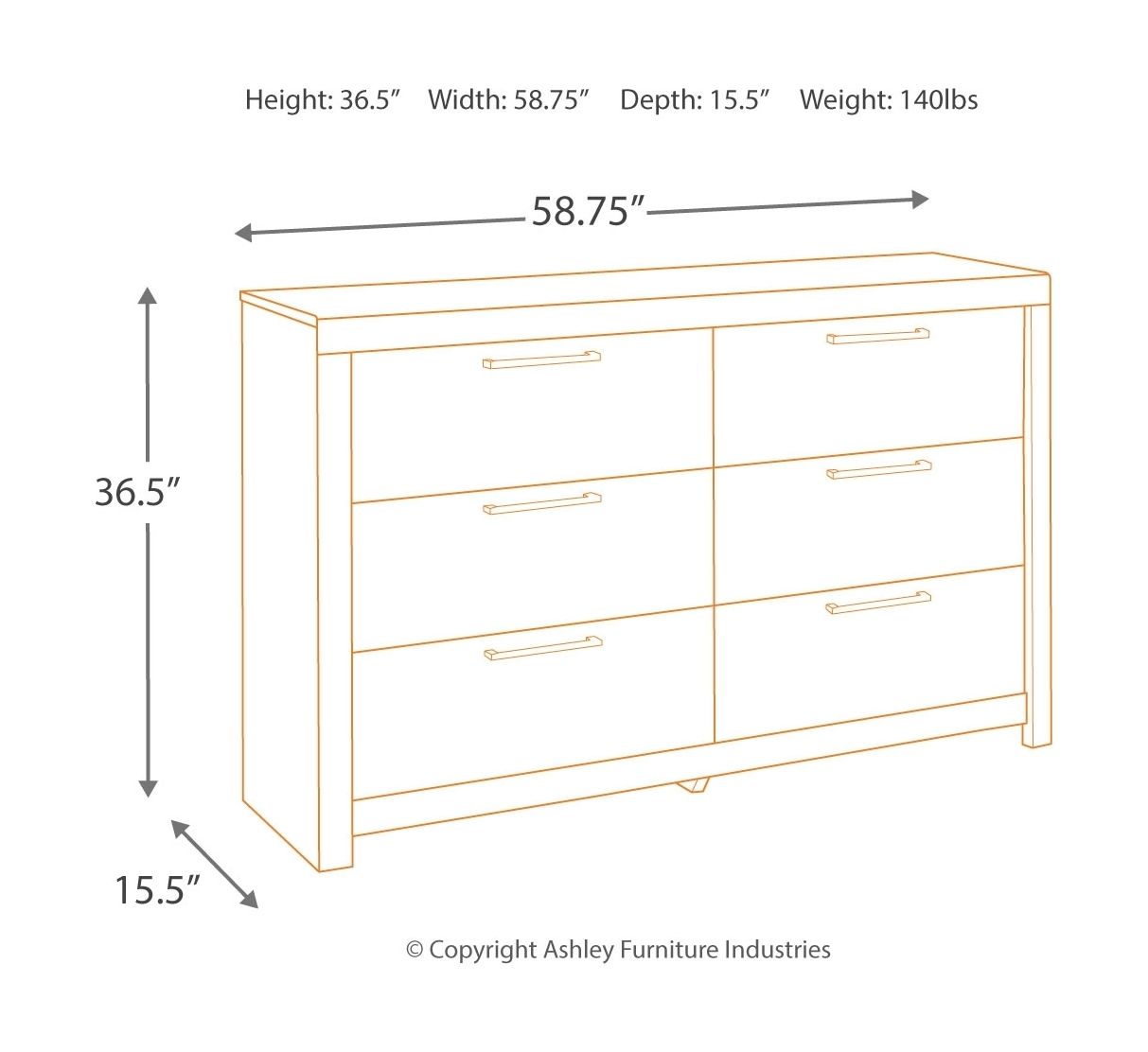 Gray wood dresser front view with six drawers, height and width shown