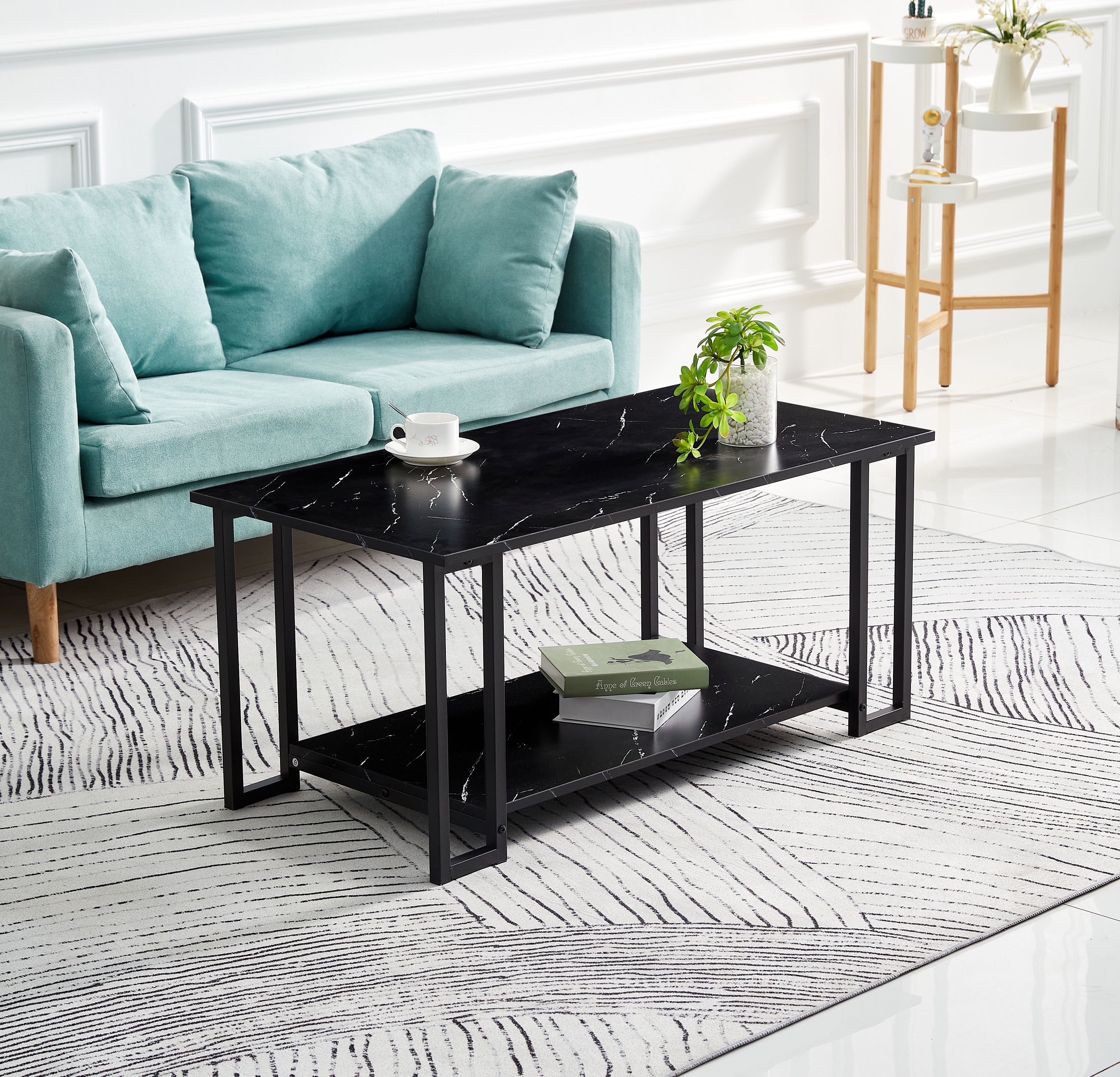 D & N Coffee Table, 2 Layers 1.5Cm Thick Marble MDF Rectangle 39.37" L Tabletop Iron Coffee Table, Dining Room - Black Top - Black Leg