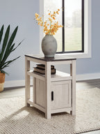 Chair side end table with open shelf and single door cabinet, white finish, black handle.