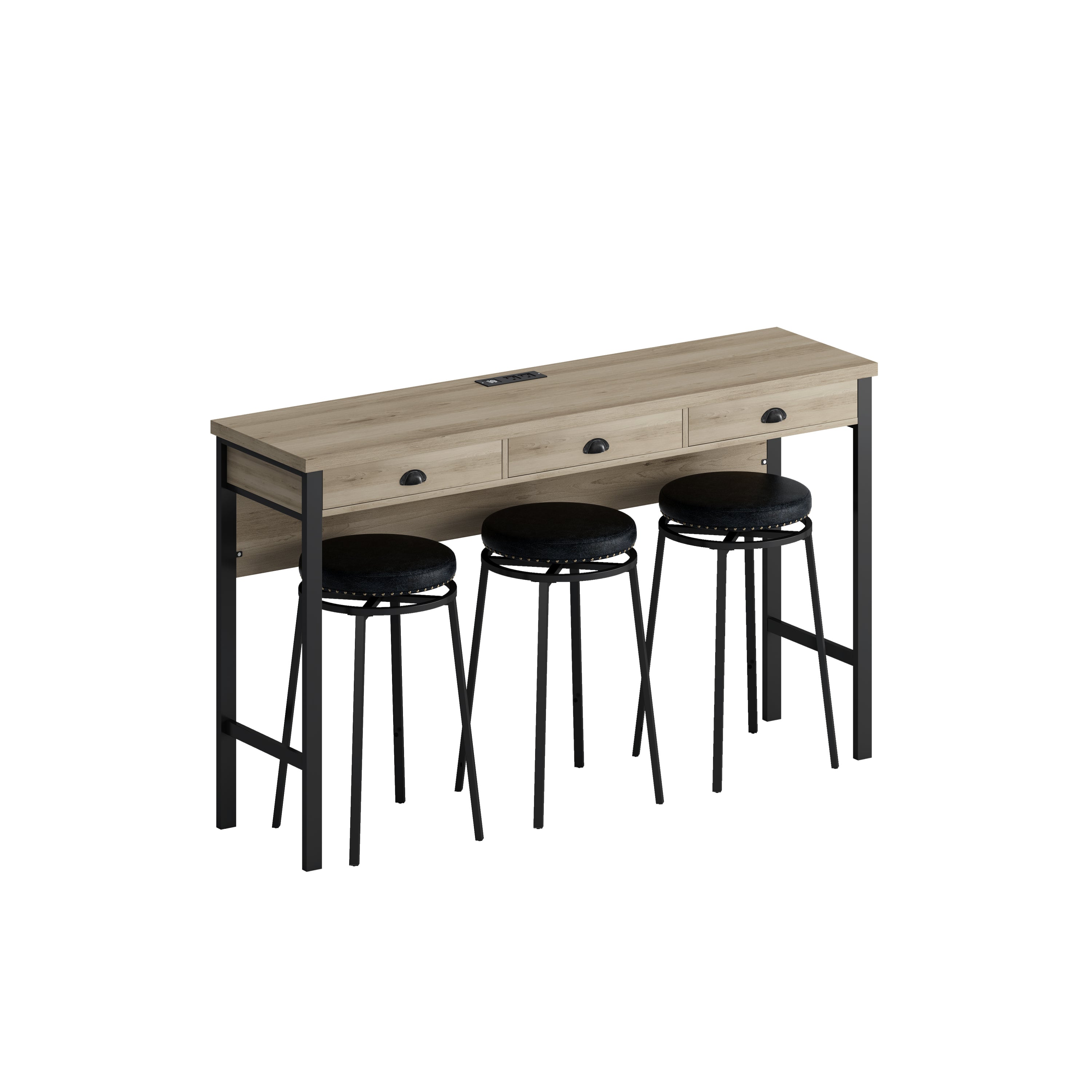 3-Drawer Dining Table Set w/ Power Outlets & Stools
