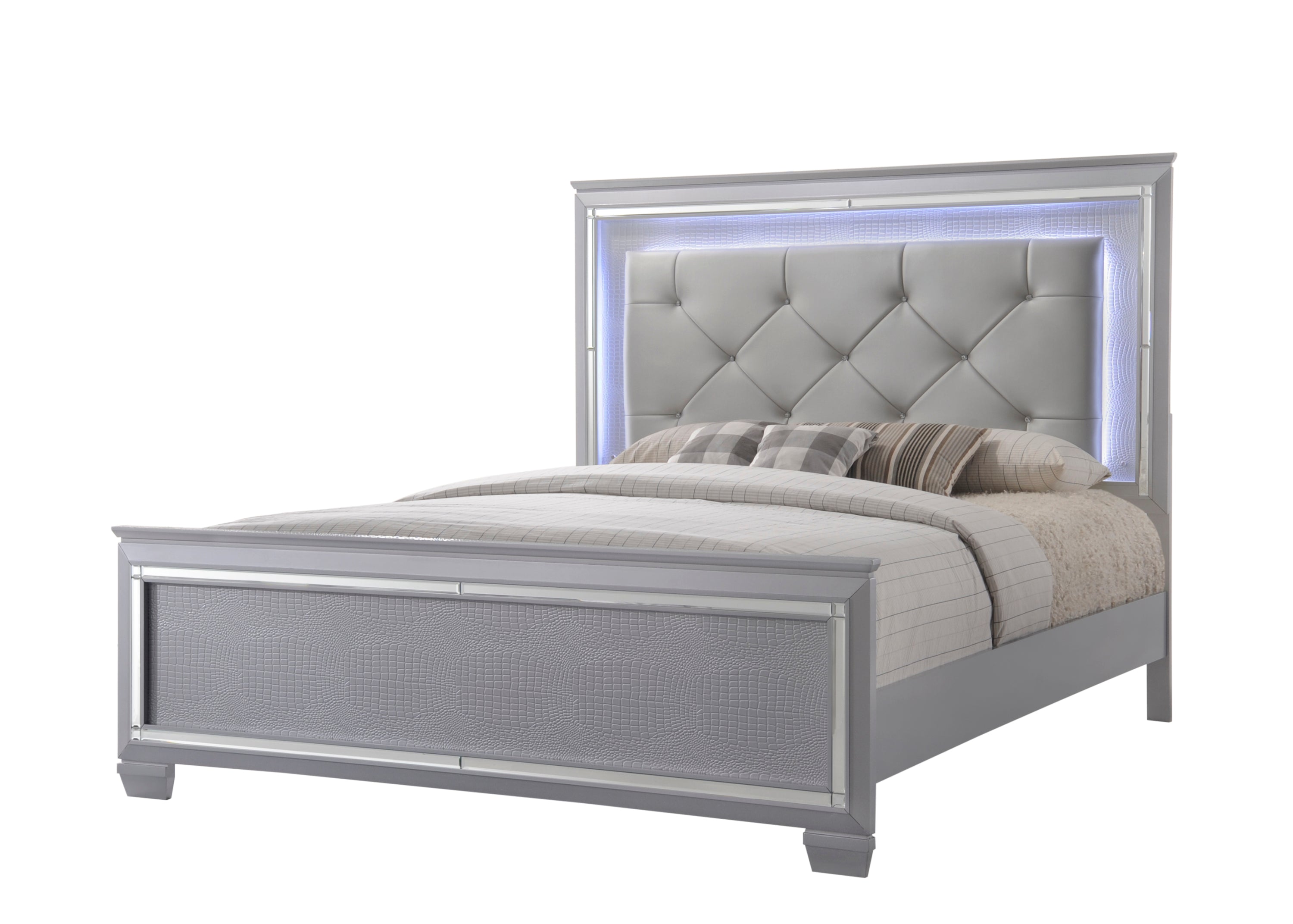 Modern King LED Faux Leather Panel Bed - Silver Beige Finish