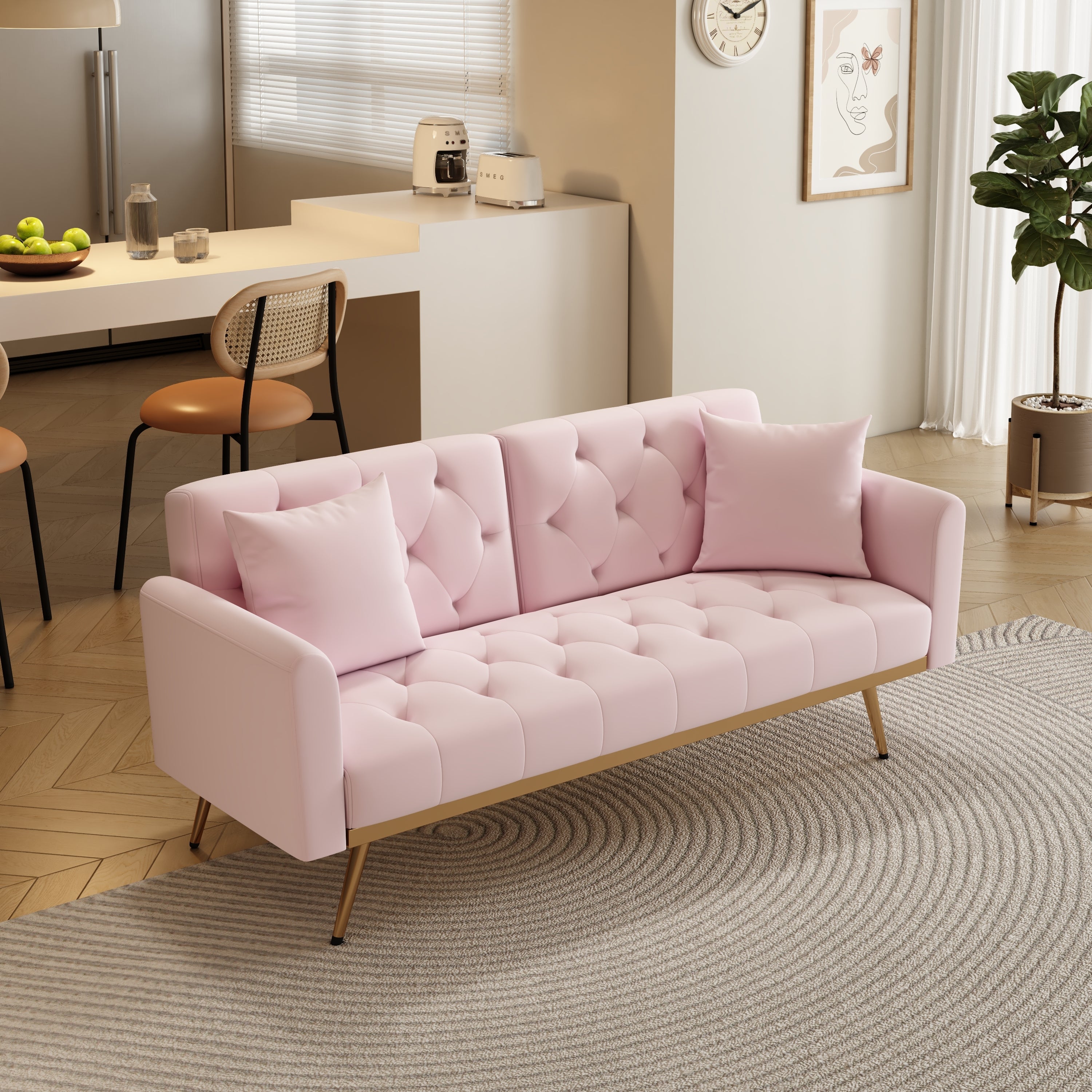 Pink Velvet Sofa Bed: 68.3" Easy Assembly