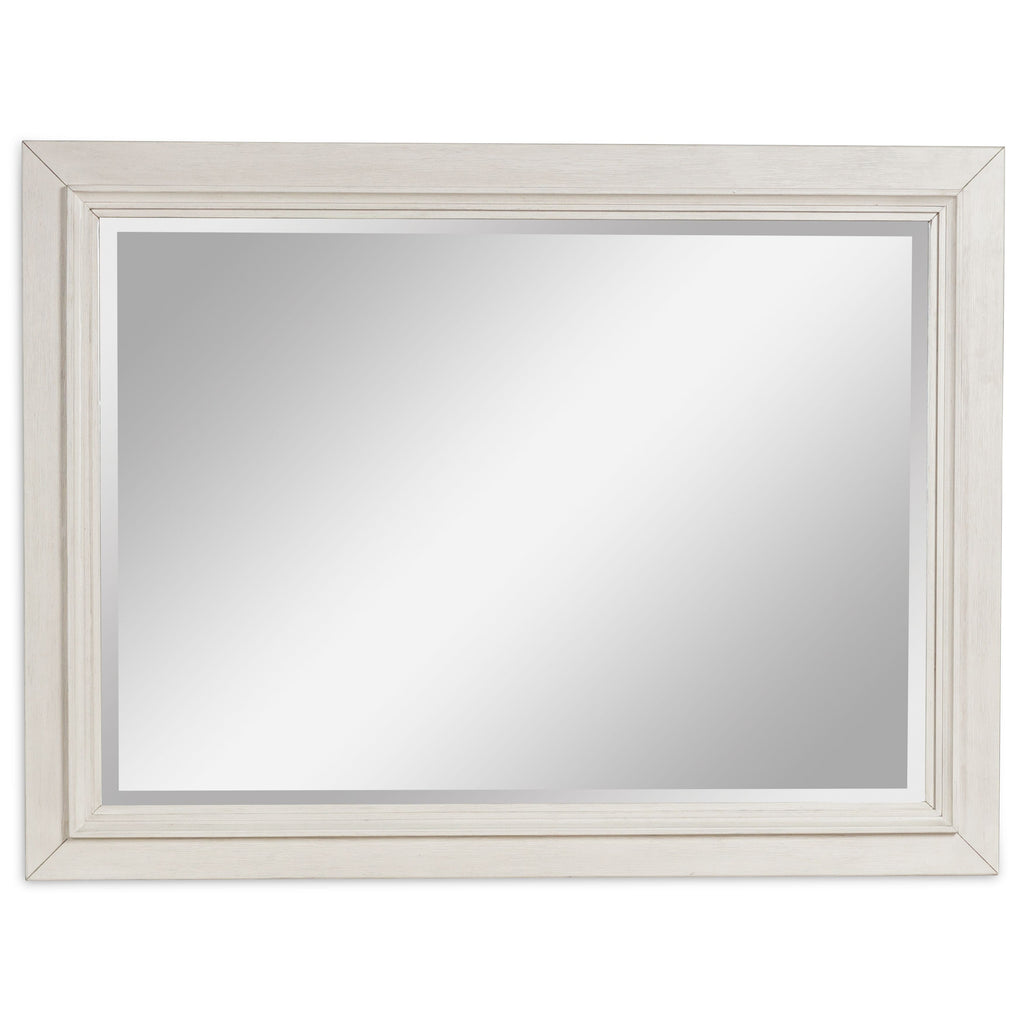 Antique white framed mirror with wide trim and reflective glass panel