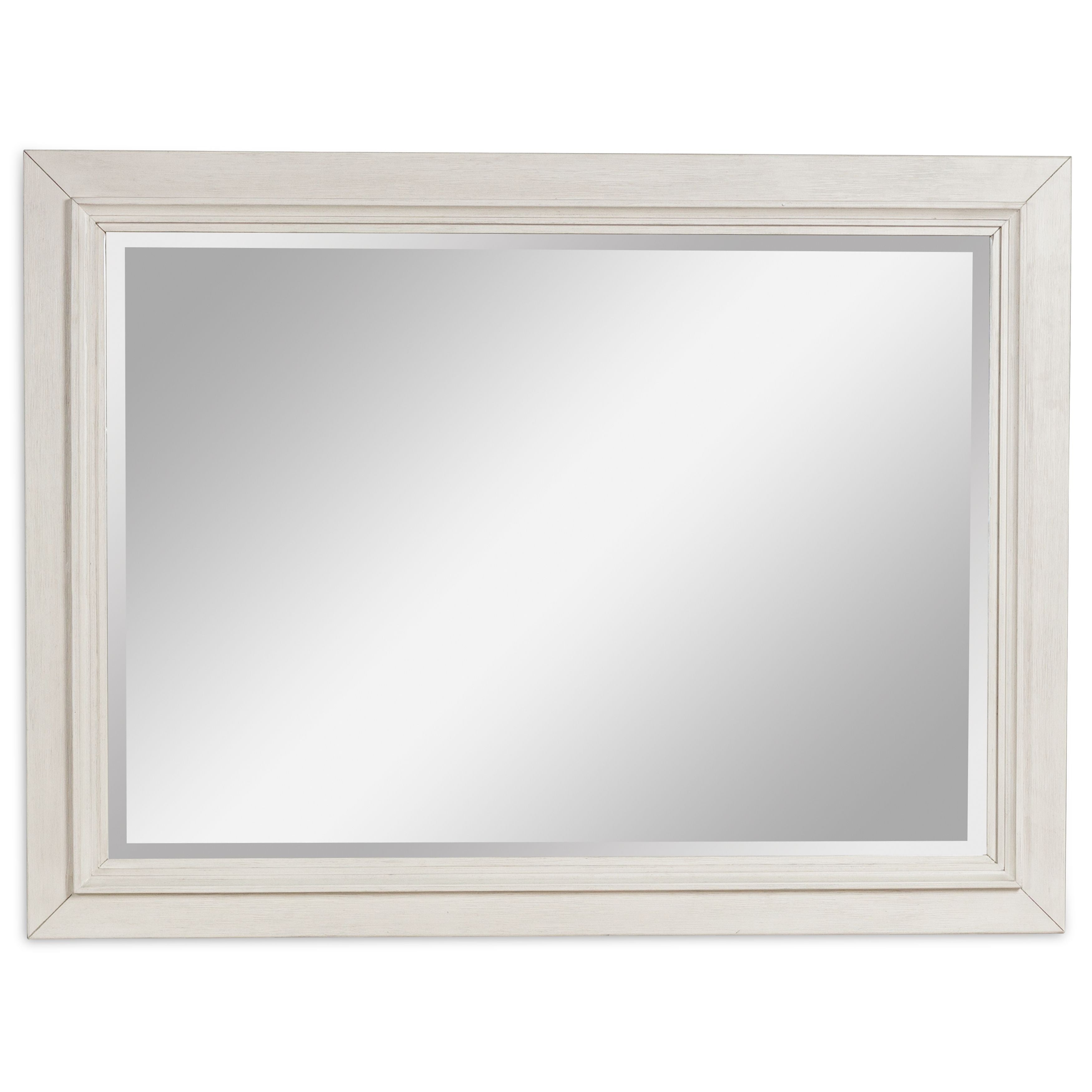 Antique white framed mirror with wide trim and reflective glass panel