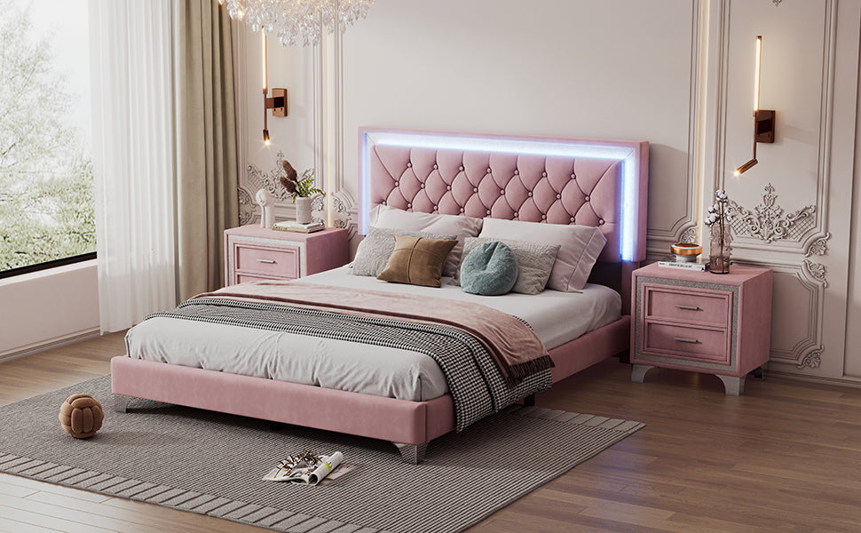 Pink Queen Upholstered Bed Set w/ LED Lights & Nightstands