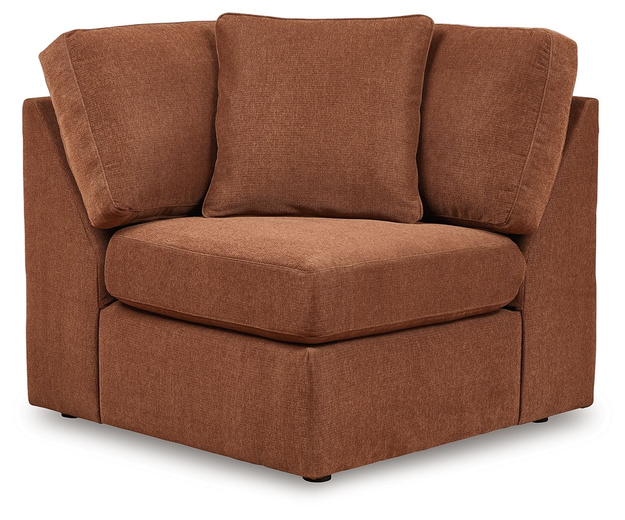 Brown fabric wedge armchair with three back cushions and square armrests