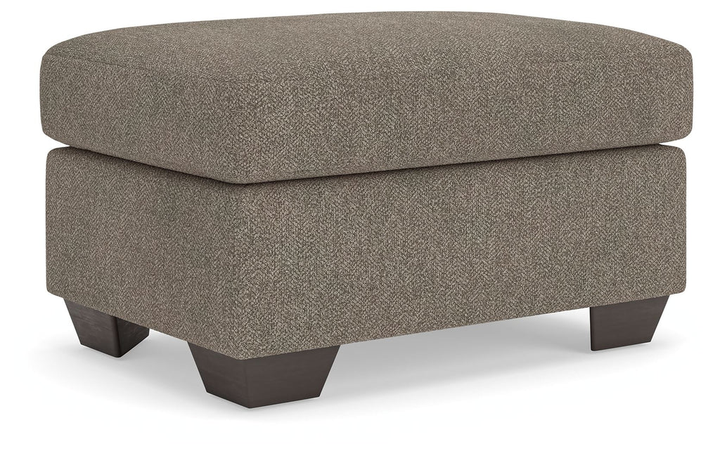 Triston-Peaks upholstered ottoman, textured taupe fabric, dark tapered legs