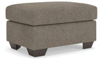 Triston-Peaks upholstered ottoman, textured taupe fabric, dark tapered legs