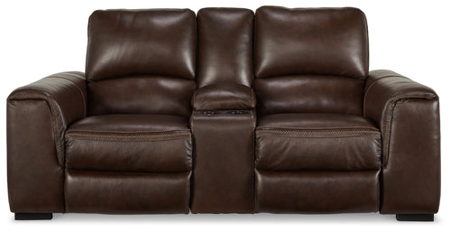 Brown leather loveseat with three cushioned seats, tufted back, and recliner arms.