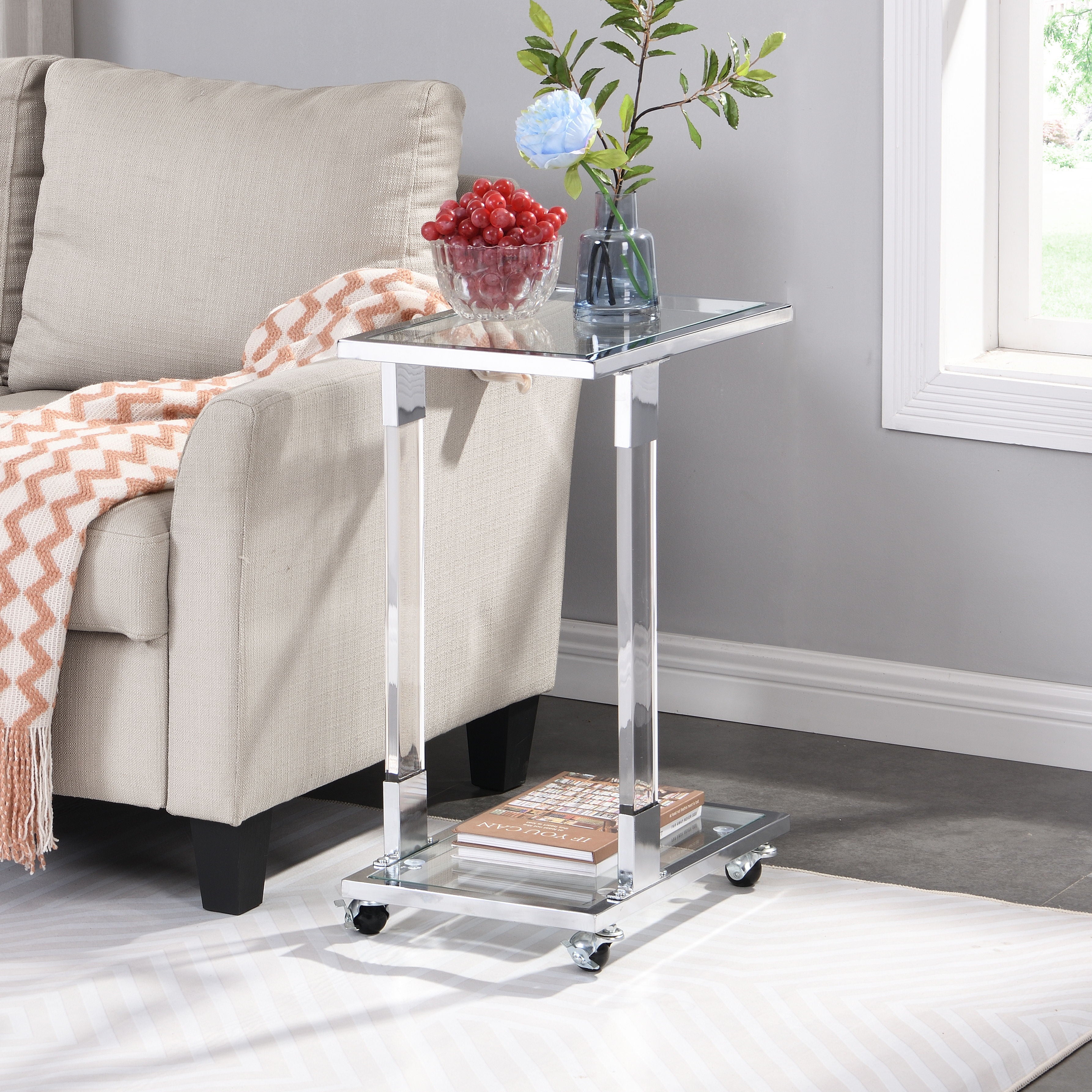 Chrome Glass Side Table, Acrylic End Table, Glass Top C Shape Square Table With Metal Base For Living Room, Bedroom, Balcony Home And Office