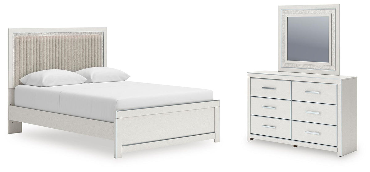 Upholstered platform bed in light finish with slat headboard, plus dresser and square mirror.
