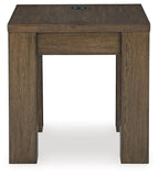 Warm brown square end table with front drawer and open lower shelf