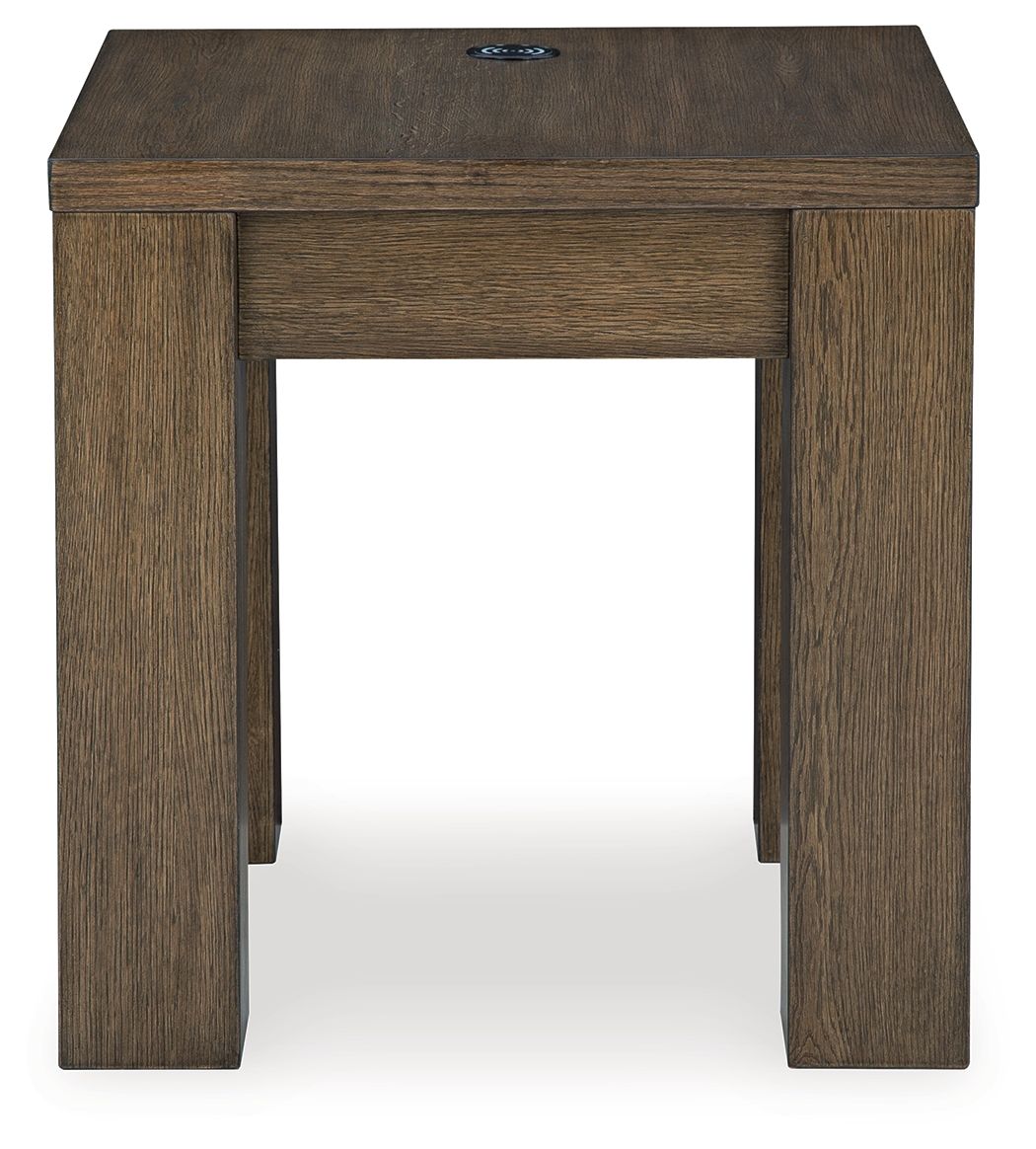Warm brown square end table with front drawer and open lower shelf