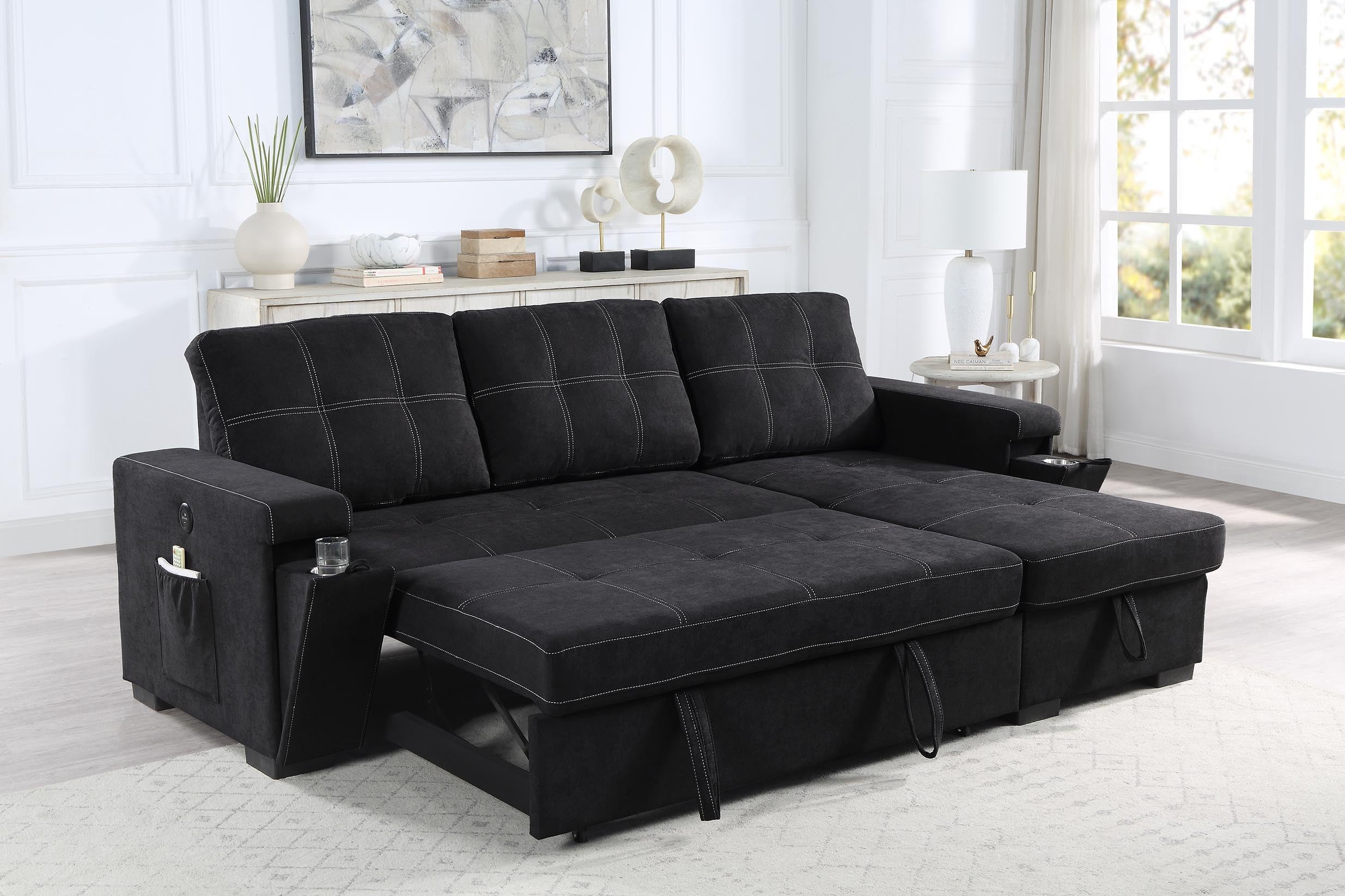 Toby Black Reversible Sleeper Sectional Sofa Storage Chaise
