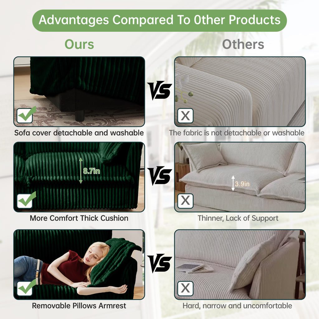 Green sofa cover comparison collage showing thick cushion and detachable pillows
