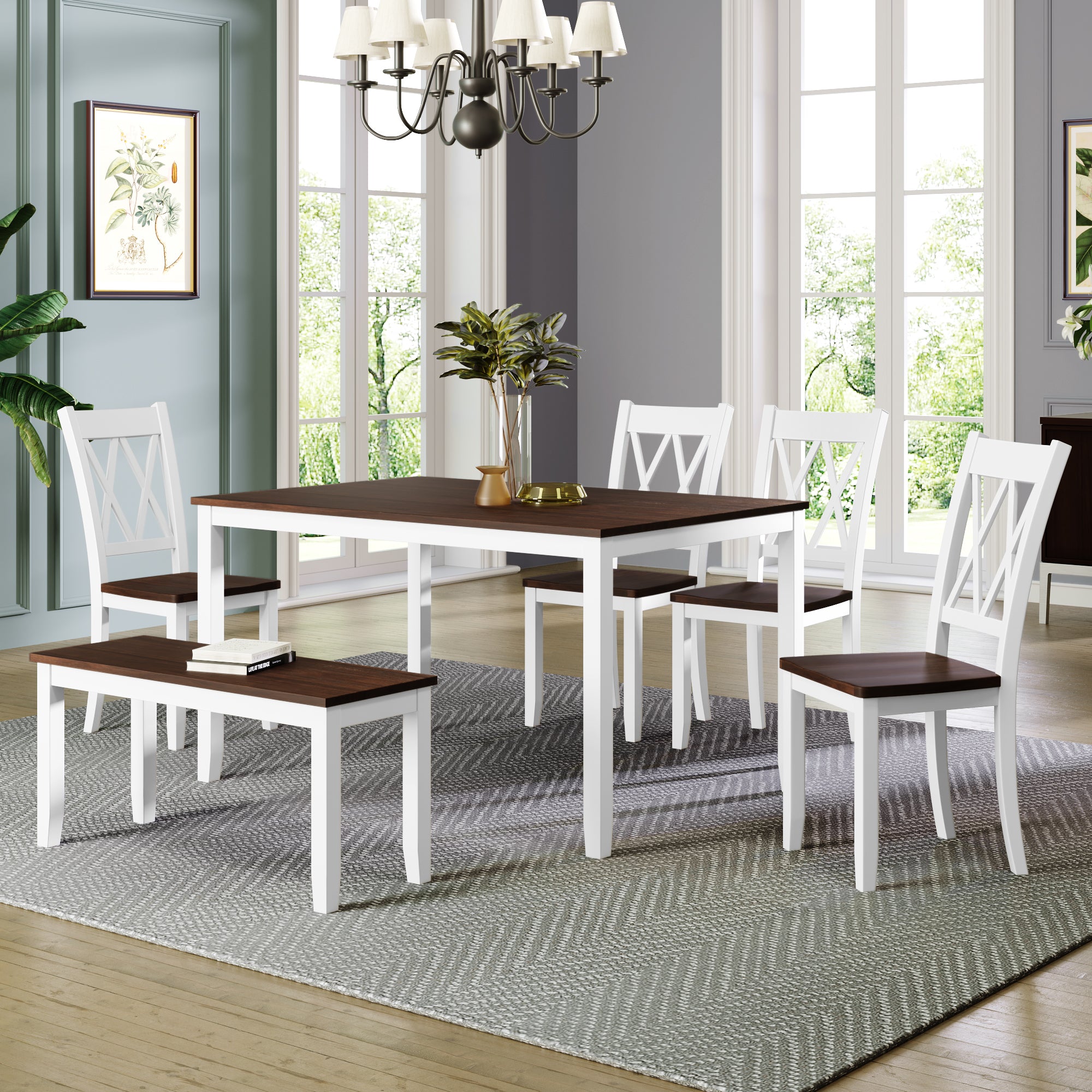 Farmhouse Dining Set, 6-Piece Rustic Kitchen Table w/Bench