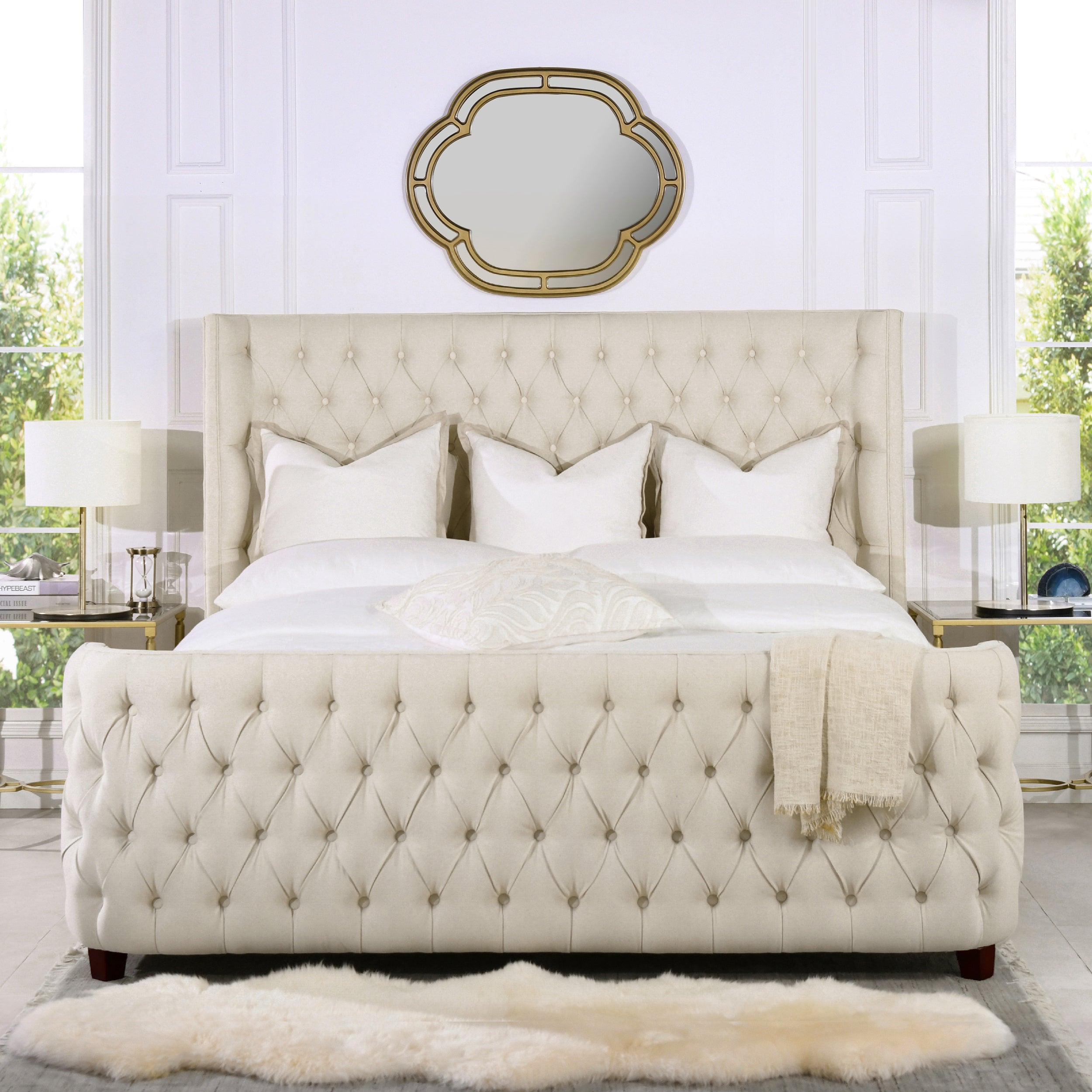 Brooklyn King Tufted Panel Bed Set, Headboard & Footboard, Beige Linen