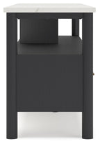 Black TV stand with open center shelf and lower cabinet door panel