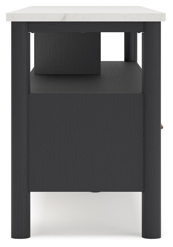 Black TV stand with open center shelf and lower cabinet door panel