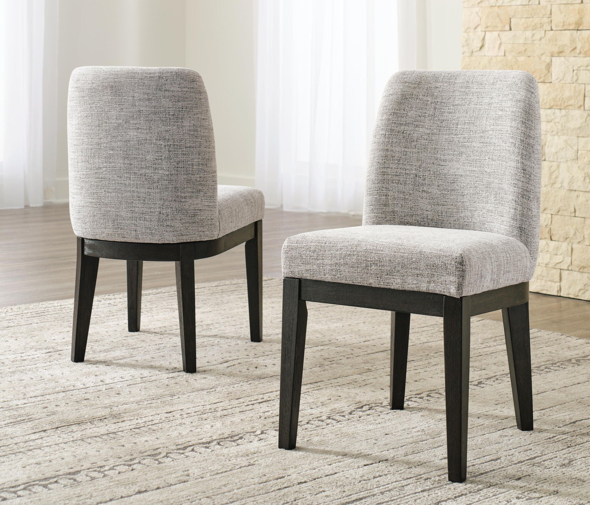 Upholstered dining side chairs with beige back and seat, dark brown tapered legs, set of 2