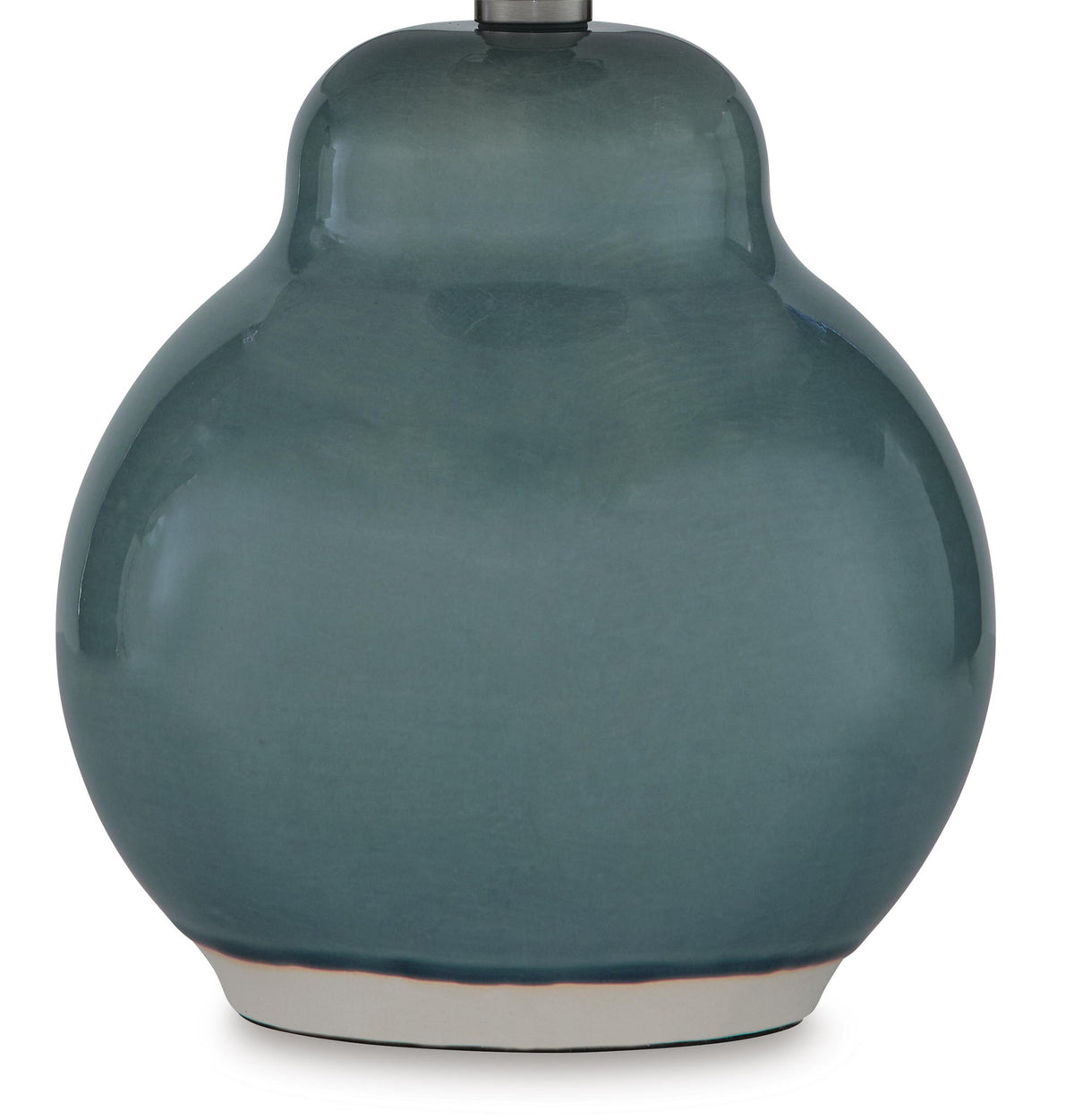 Blue ceramic lamp base with glossy rounded bulb shape and metallic top mount