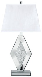 Silver mirror table lamp with white fabric shade and faceted diamond base