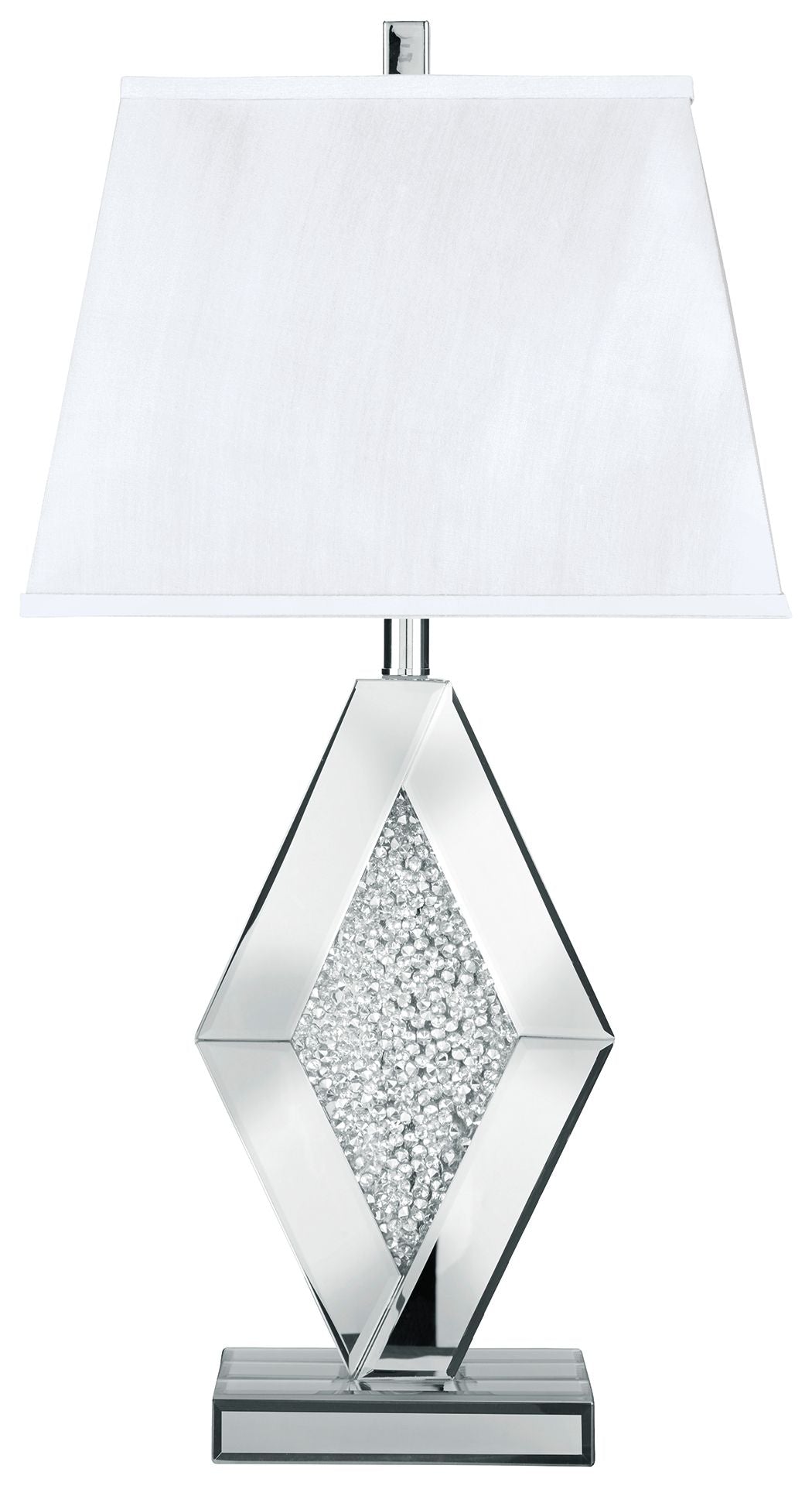 Silver mirror table lamp with white fabric shade and faceted diamond base