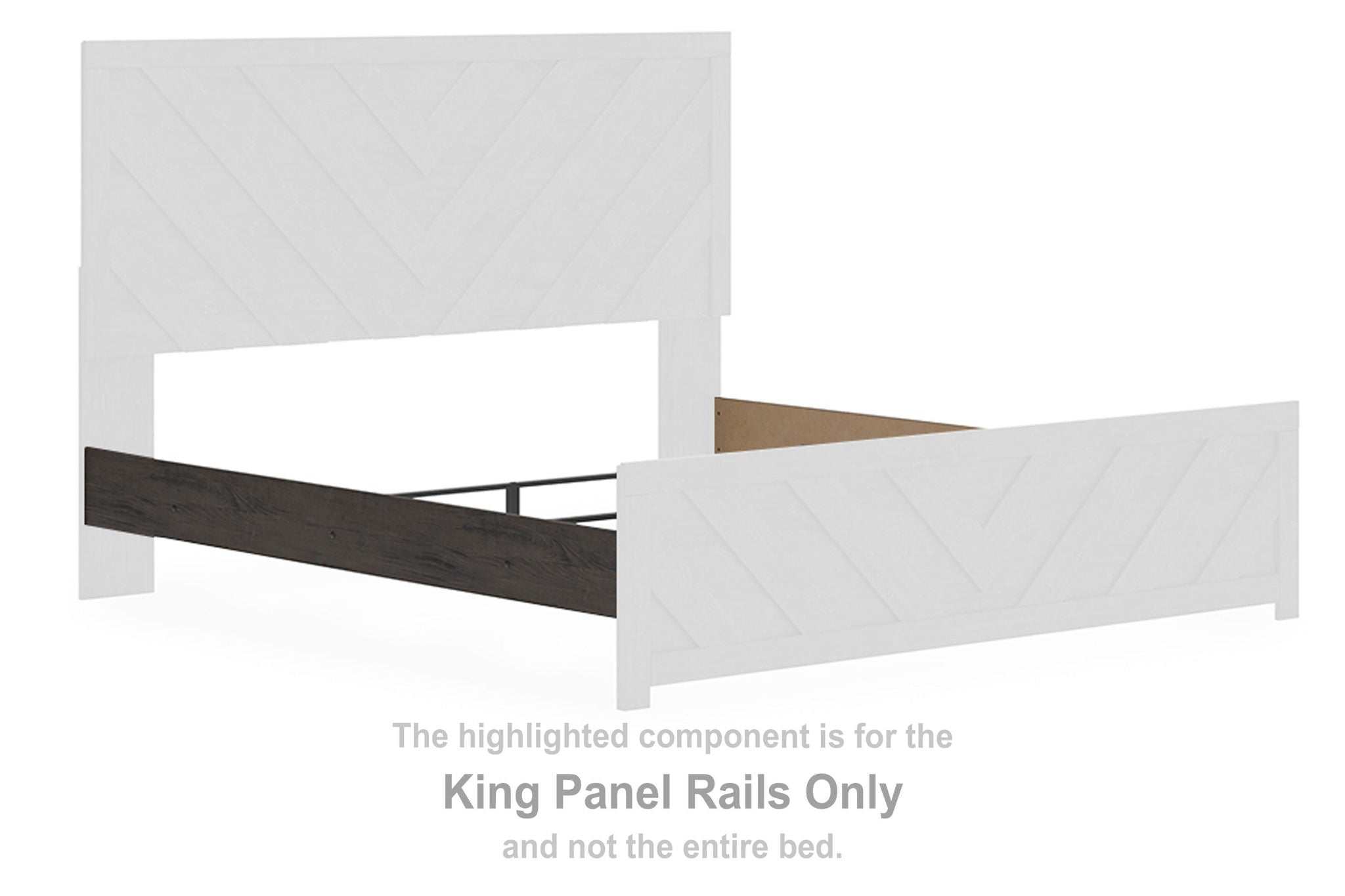 Charcoal king panel rails with attached rail sections for a bed frame