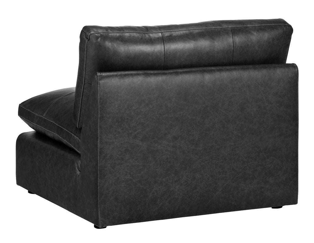 Black leather-look sectional loveseat with back cushions and wide rolled arms