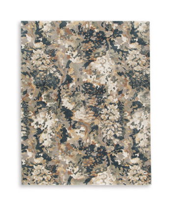 Square dark gray abstract area rug with beige and cream motifs