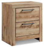 Tan brown two-drawer nightstand with black bar handles, front view.
