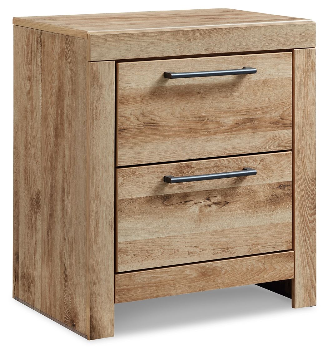 Tan brown two-drawer nightstand with black bar handles, front view.