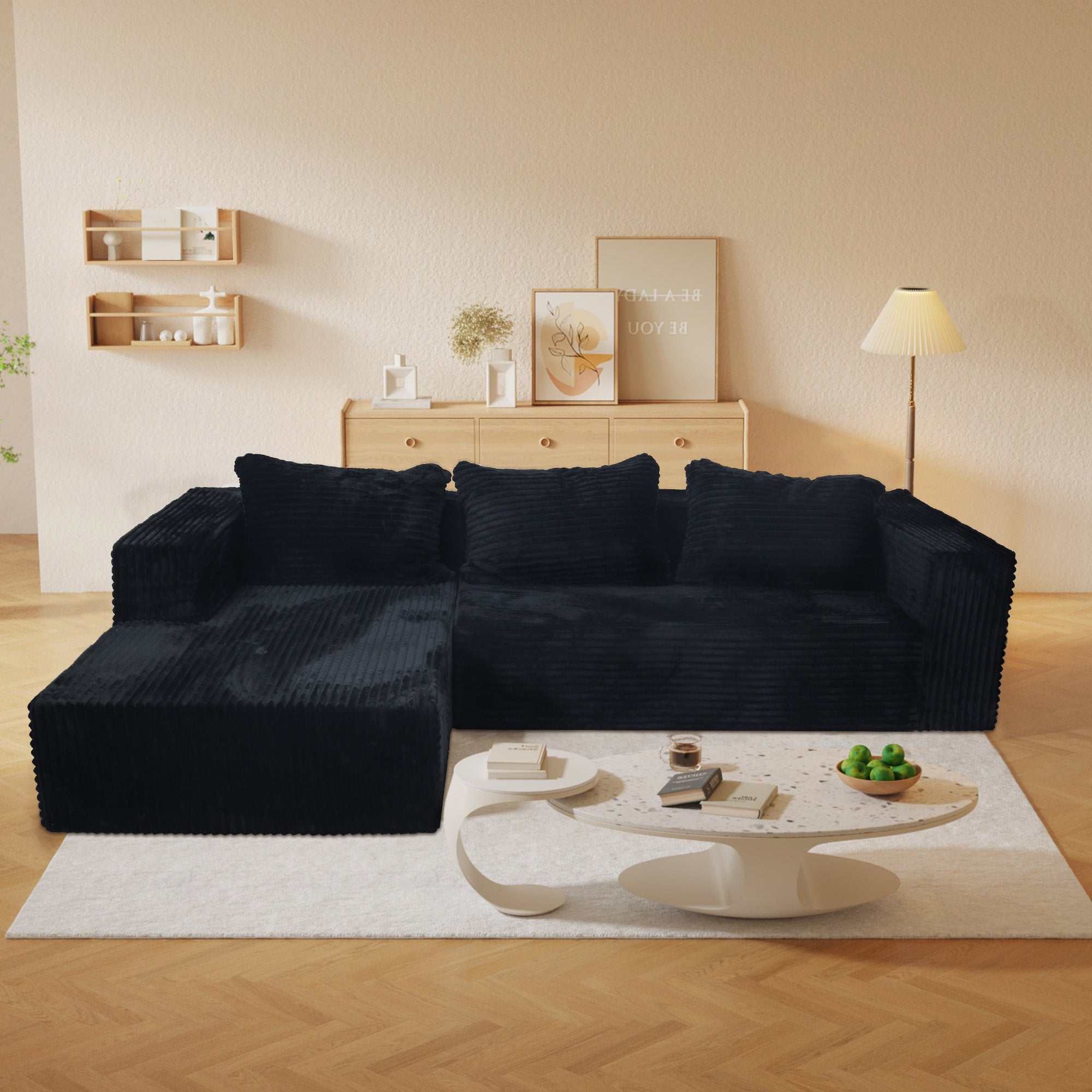 Cloud Sectional Sofa L-Shape Deep Seat Black Corduroy