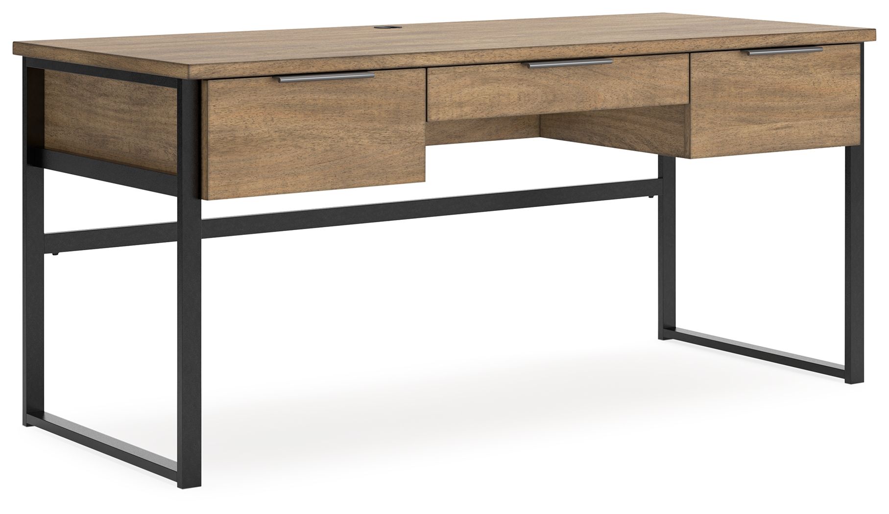 Light brown home office desk with three drawers and black metal frame, open center space