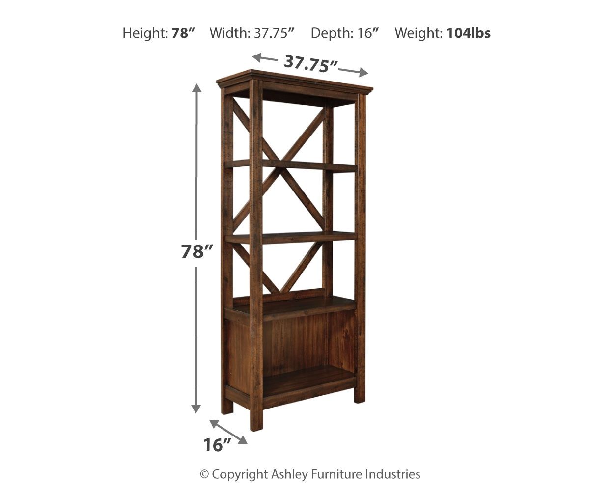 Rustic brown large bookcase with crisscross supports, open 3-tier shelving