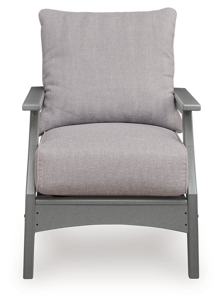Gray lounge chair with square back cushion and padded seat cushion