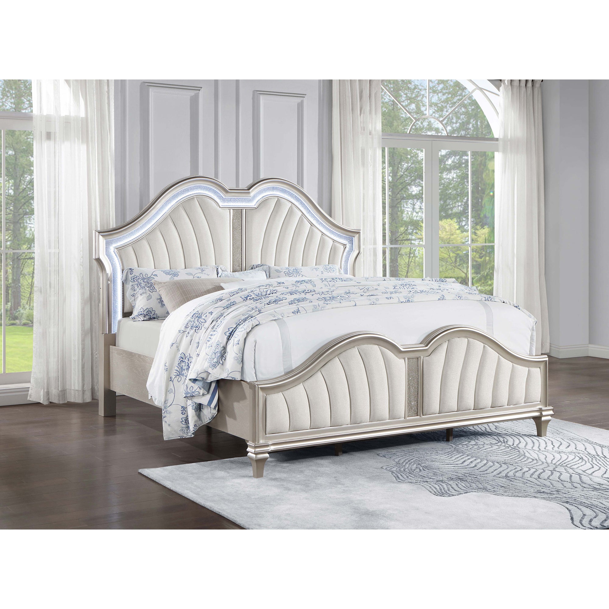 Katerina Ivory Silver Oak Upholstered Platform Bed with LED Light