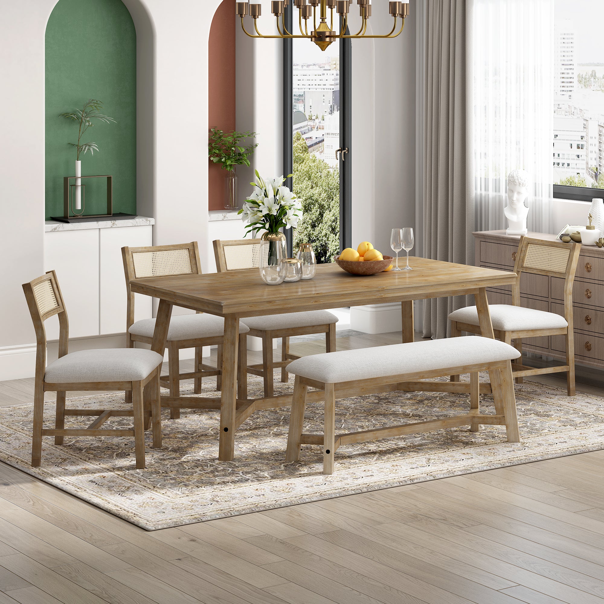 6-Piece Farmhouse Dining Set (Natural Wood)