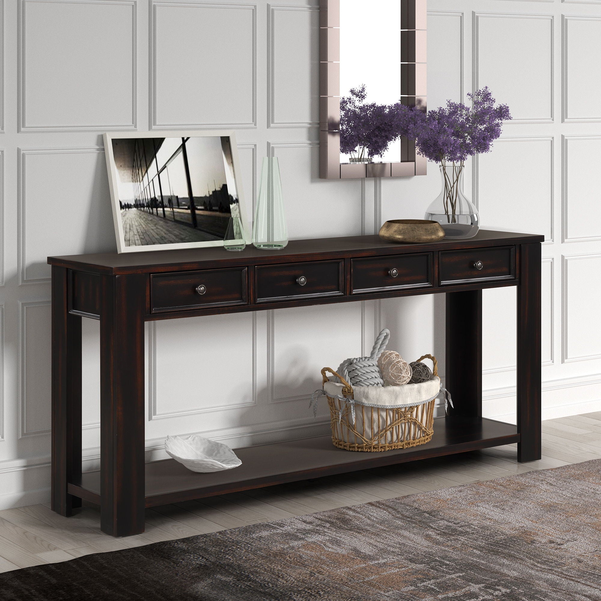 63" Pine Wood Console Table With 4 Drawers And 1 Bottom Shelf For Entryway Hallway Easy Assembly 63" Long Sofa Table (Distressed Black)