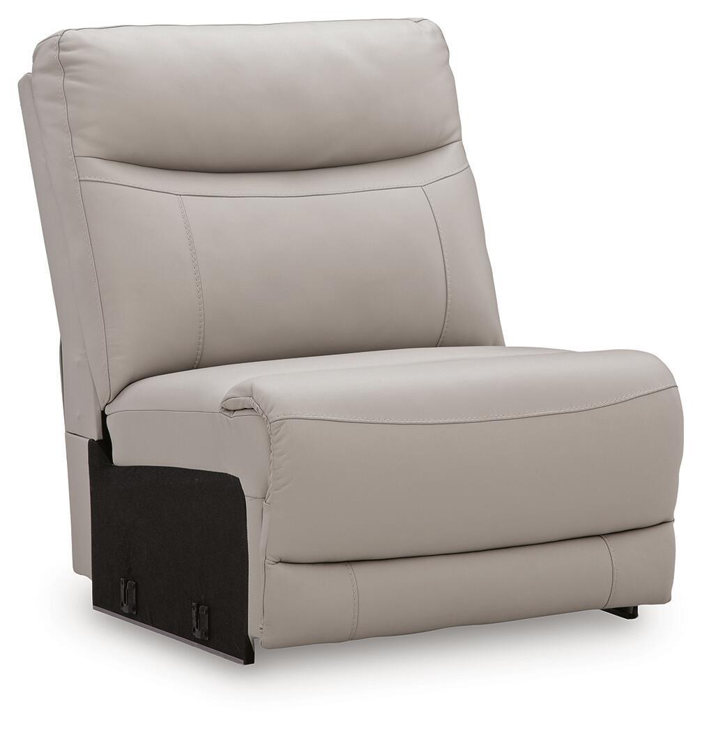 Gray armless lounge chair with padded back and wide arm-free seat
