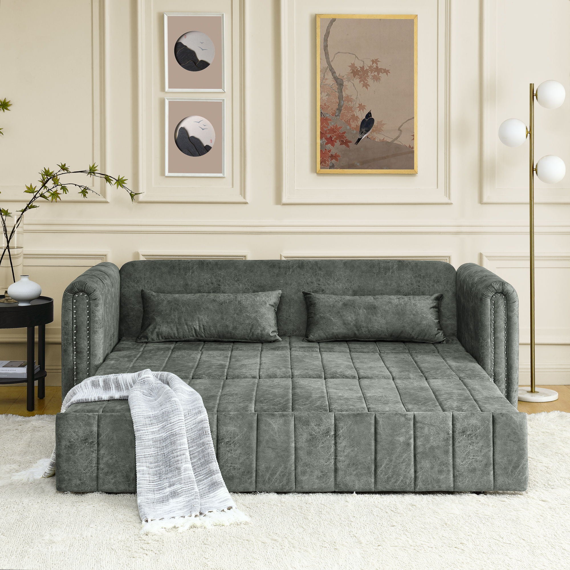 3 In 1 Pull-Out Bed Sleeper, Modern Upholstered 3 Seats Lounge Sofa & Couches With Rolled Arms Decorated With Copper Nails Convertible Futon 3 Seats Sofabed With Two Drawers And Two Pillows