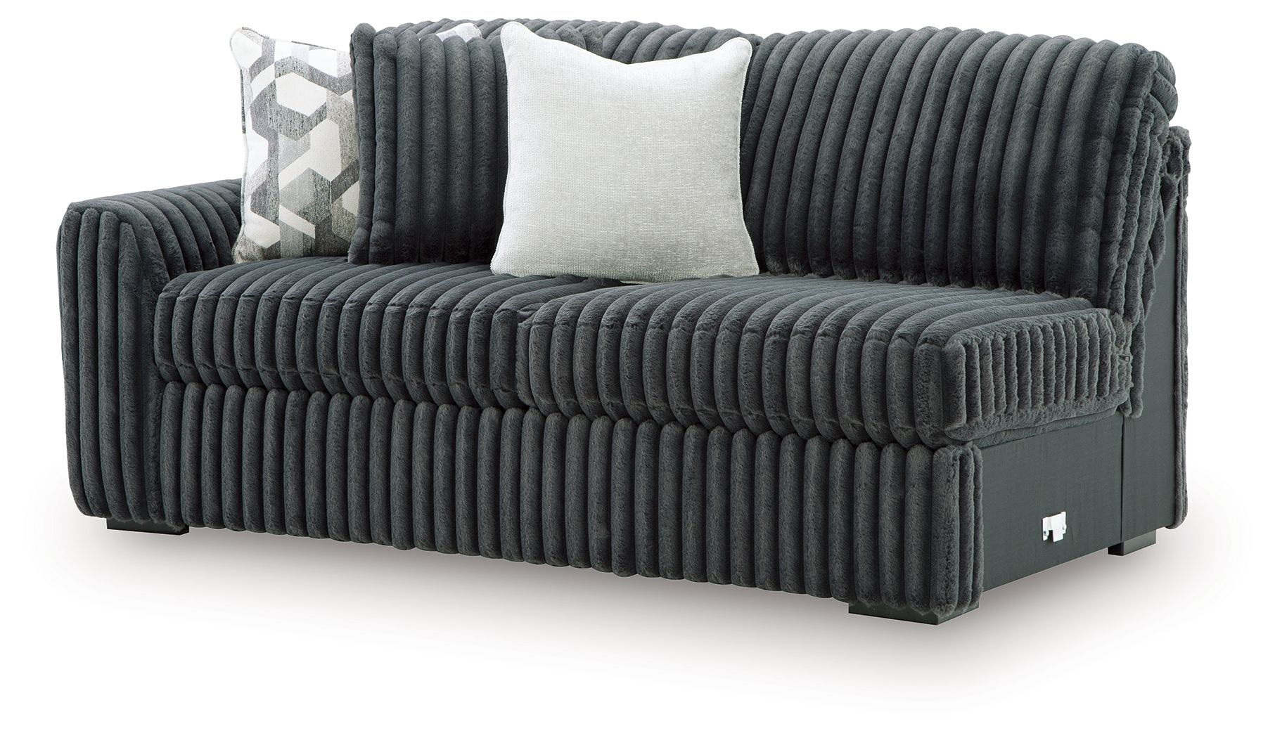 Ribbed corduroy sofa with left arm, gunmetal-gray upholstery and two throw pillows