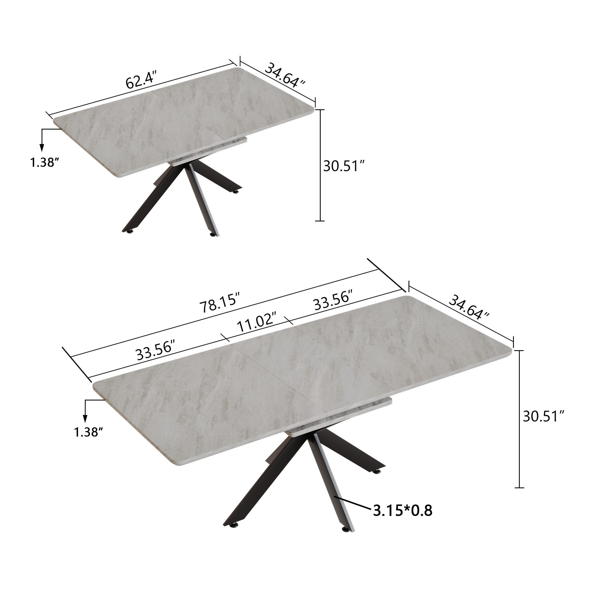 62.4" Extendable Dining Table Set for 4-8, Curved Chairs