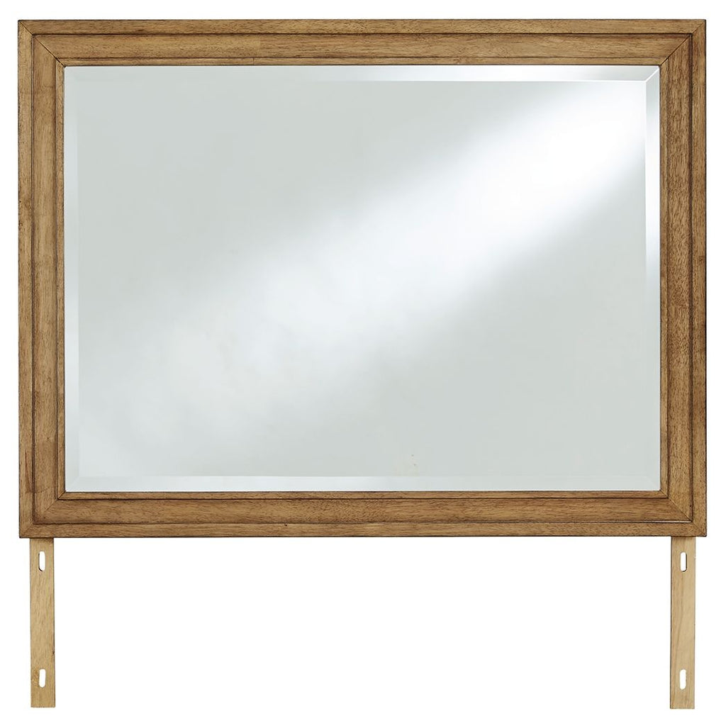 Rectangular brown wood-framed mirror with clear glass and side supports
