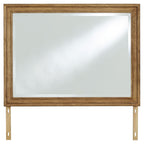 Rectangular brown wood-framed mirror with clear glass and side supports